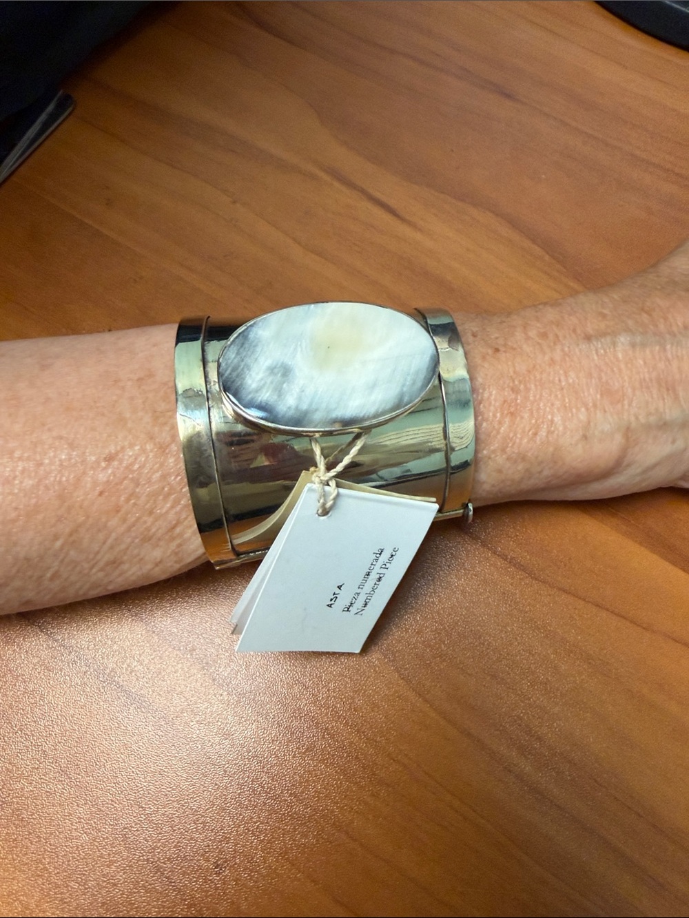 Hand Crafted Silver Cuff Bracelet with Cream Marbled Stone